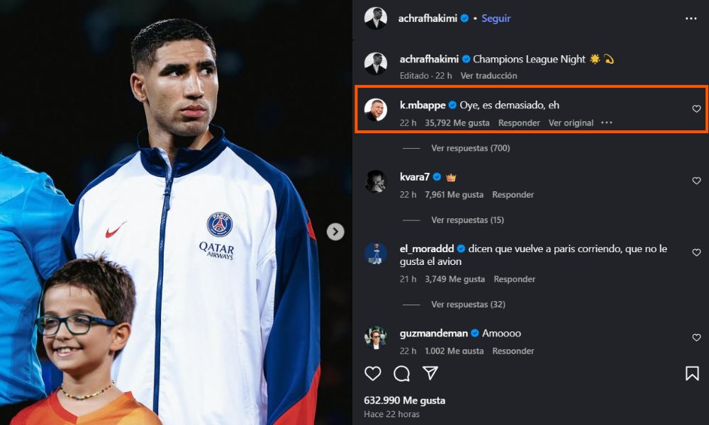 Kylian Mbappe comenta en foto de Insta de Hakimi