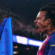 Jules Koundé celebra su gol para el FC Barcelona ante Frankfurt en Champions League